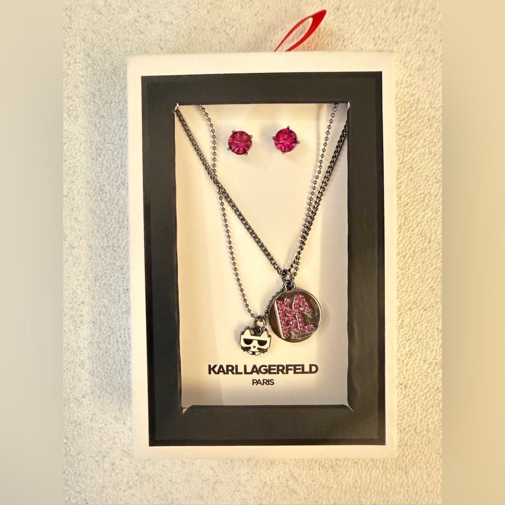 Karl Lagerfeld Gunmetal Necklace & Hot Pink Crystal Stud Earring Set